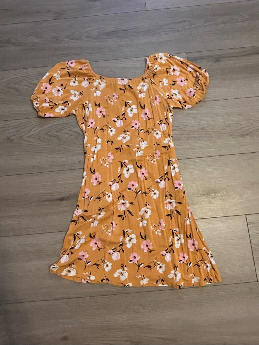 Nomad Mustard Floral Puff Sleeve Dress with Pink & White Blossoms